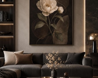 Quadro da parete con motivi floreali scuri, stampa botanica suggestiva, elegante fiore neutro (download digitale)