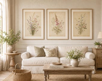 Stampe botaniche vintage di fiori selvatici, arte floreale ad acquerello di un prato (download digitale)
