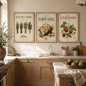 May include: Three framed vintage-style prints with botanical themes hang above a wooden kitchen counter. The prints feature the text "Kitchen Herbs", "Farm Eggs", and "Strawberries". The kitchen has light wood cabinets, a marble countertop, and a brass faucet.