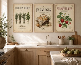 Stampe vintage di una cucina rustica, erbe aromatiche, uova, fragole (download digitale)