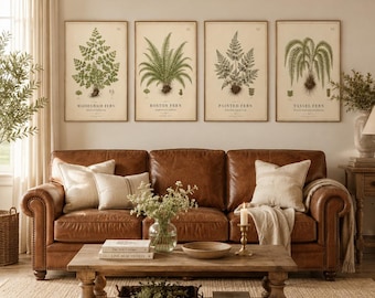 Set di stampe botaniche vintage con felci, decorazioni murali in stile cottage (download digitale)