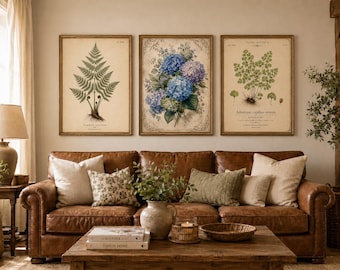 Set di stampe botaniche vintage, quadri con felci e ortensie, decorazioni in stile cottage (download digitale)