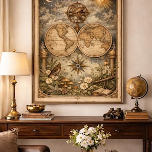 May include: A framed vintage world map print featuring detailed illustrations of continents, celestial elements, and a compass rose. The artwork is displayed above a wooden console table with a lamp, books, and a decorative bowl.