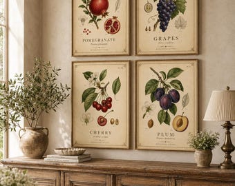 Set di stampe murali vintage con motivi botanici e frutta, perfette per la cucina in stile rustico (download digitale)