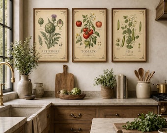 Set di stampe botaniche vintage di ortaggi, carciofi, pomodori e piselli (download digitale)