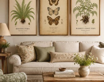 Stampe botaniche vintage con felci e farfalle, perfette per decorare le pareti di una galleria in stile cottage (download digitale)