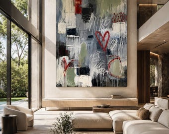 Quadro astratto a forma di cuore, stampa contemporanea rosso-grigio salvia, grande elemento decorativo di grande impatto (download digitale)