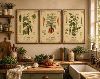Vintage Botanical Vegetable Prints Set, Antique Cucumber Carrot Pea Art (Digital Download)