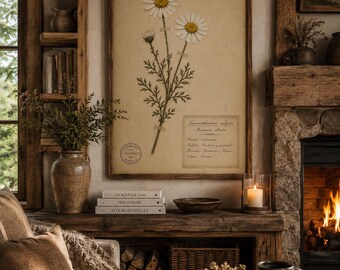 Vintage Daisy Herbarium Wall Art, Antique Botanical Printable, Wildflower Digital Download, Rustic Cottage Decor