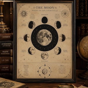 Puede incluir: Impresión enmarcada de estilo vintage que representa las fases de la luna. La obra de arte presenta una luna llena central rodeada de ilustraciones del ciclo lunar, con texto como "The Moon" y "Phases of the Lunar Cycle". La impresión está en un marco de madera oscura.
