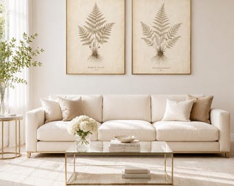 Set di 2 stampe di felci beige, decorazioni murali botaniche neutre (download digitale)