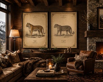 Vintage Tiger Leopard Print Set, Safari Animal Wall Art (Digital Download)