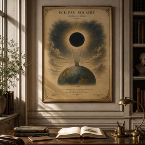 Vintage solförmörkelsetryck, antik fransk astronomiposter (digital nedladdning)