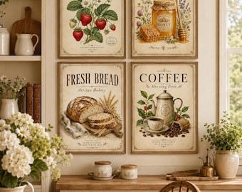 Set di stampe vintage da parete per la cucina, stampe in stile cottagecore, caffè con fragole e miele (download digitale)