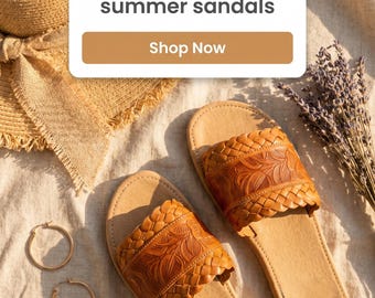 Hand Crafted Tan Braided & Tooled Leather Slide Sandals.