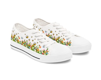 Zapatillas bajas para mujer con estampado floral de tulipanes y mariposas.