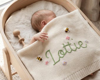 Personalized Embroidered Cotton Baby Blanket, Custom Name Newborn Gift