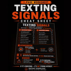 May include: A black and orange worksheet titled "Texting Signals Cheat Sheet." The sheet provides a guide on how to read real interest through messages, including high and low interest signals, and what it usually means. It also includes an instant download option.