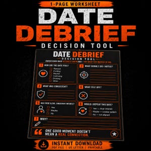 Op de afbeelding: Zwart en oranje printbaar werkblad met de titel "DATE DEBRIEF DECISION TOOL". Het werkblad bevat secties om een date te analyseren, zoals hoe het voelde, opgemerkte signalen en of de date herhaald moet worden. Met de tekst "INSTANT DOWNLOAD".