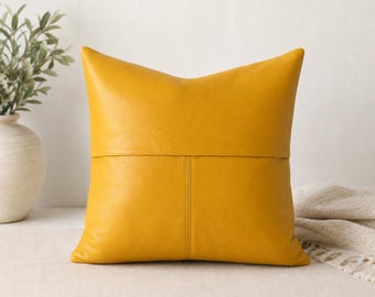 Yellow Leather Pillow Covers Set of 2 | Leather Throw Pillow Covers | Mustard Yellow Cushion Covers | Modern Farmhouse I 14x14 16x16 18x18