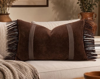 Dark Brown Polyester Suede Lumbar Pillow Cover | Leather Strap & Fringe Cushion | Western Farmhouse Sofa Pillow | 12x20 14x14 16x16 18x18
