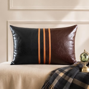 Black & Brown Leather Lumbar Pillow Cover | Patchwork Modern Cushion Cover | Leather Rover | 12x20, 14x14, 16x16, 18x18