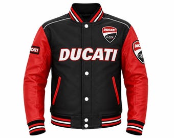 Ducati Corse-leren varsityjack heren | Handgemaakt racefietsbomberjack | Varsity retro motorjas