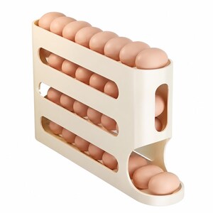 May include: A cream-colored plastic egg dispenser rack featuring three tiered levels for storage. The structure holds multiple light brown eggs in a vertical arrangement, allowing them to roll down to the bottom front opening for easy access.