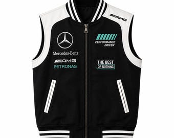 メンズ メルセデス・ベンツ AMG バーシティベストジャケット | ブラック＆ホワイト レーシングスタイル ノースリーブベスト | ラグジュアリー モータースポーツ ストリートウェア