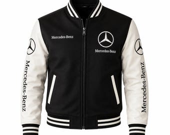 Męska kurtka Mercedes Benz Varsity | Kurtka typu bomber F1 Racing | Styl vintage, skóra i wełna, styl motocyklowy | Kurtka motocyklowa