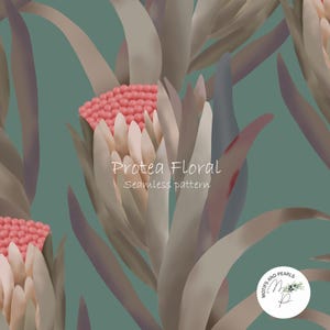 Protea Floral Seamless Pattern, Elegant Botanical Design, Delft Inspired Stationery