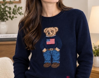 Authentic Polo Ralph Lauren Navy Blue Bear Sweater | Classic Crewneck Knit Pullover