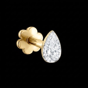 Onzichtbaar gezette peervormige diamanten oorknop met schroefsluiting, peervormige, in het laboratorium gekweekte diamant, helix-, daith- en kraakbeenpiercing, 14K massief goud.