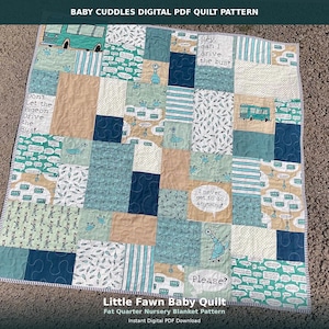 May include: A patchwork quilt featuring various fabric squares in shades of teal, navy blue, and beige. The quilt displays illustrations of a cartoon pigeon and buses, along with text bubbles containing phrases like Hey, can I drive the bus? and Please.