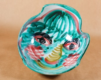 Vintage Tito Corti & Figlio pottery bowl 1950s, handpainted surreal face decor, Nino Strada Aldo Londi style