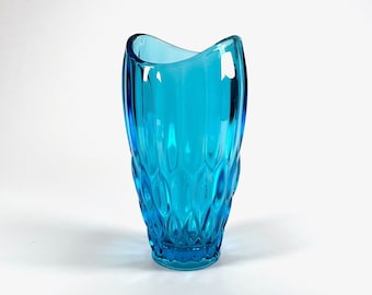 Vintage Rudolfova Sklo Czech art glass vase 1960s blue midcentury modernist space age minimalist decor