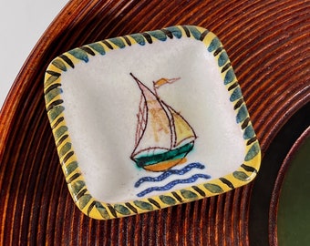 Vintage Matteo di Lieto miniature pin dish 1950s Amalfi Vietri Italian midcentury pottery Guido Gambone style sailboat decor