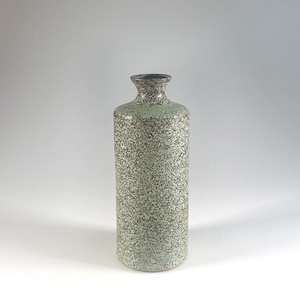 May include: A tall, speckled ceramic vase with a narrow neck and a dark brown rim. The vase has a cylindrical shape and a textured, light green and brown speckled surface. The vase is a decorative item.