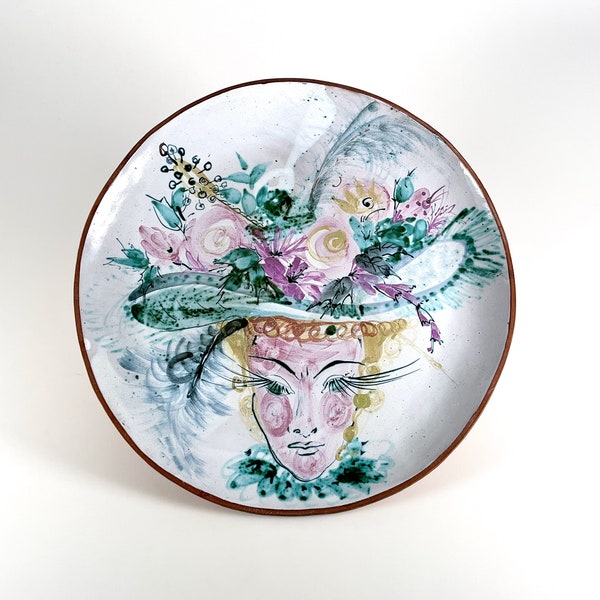 Vintage Grace L Moody floral lady studio pottery plate charger 1960s Devon pottery English country cottage decor