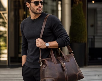 Borsa da viaggio in pelle da uomo, borsa da viaggio vintage, borsa da weekend in pelle Crazy Horse, bagaglio a mano di grandi dimensioni, borsa da palestra, borsa per la notte, regalo per lui