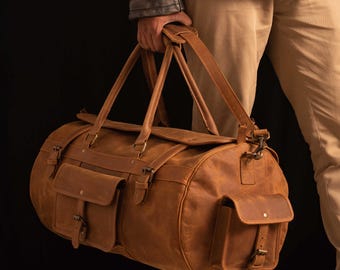 Borsa da viaggio grande in pelle di bufalo - Pelle pieno fiore, 56 cm, 3 tasche esterne - Borsa di lusso per riporre oggetti e per i bagagli