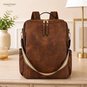 Women\'s Dark Brown Purse For Work Business Unisex Stylish Vegan Leather Backpack Faux Leather Brown Backpack - Vegan Backpack - Water  main image 4