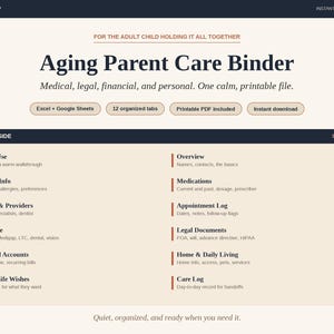 May include: Digital printable Aging Parent Care Binder. Includes medical, legal, and financial sections. Features 12 organized tabs, Excel and Google Sheets compatibility, and instant download. The binder is designed to help organize and manage care for aging parents.