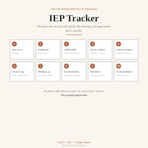 Peut inclure: Document numérique beige intitulé "IEP Tracker" avec des sections numérotées pour le suivi des plans, services, objectifs, réunions et documents. Comprend le texte : "Pour le parent qui doit défendre" et "La paperasse réelle."