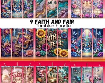 Faith Over Fear 20oz Skinny Tumbler Wrap PNG | Christian Floral Seamless Sublimation Design | Religious Bible Verse Boho Faith Tumbler