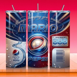 May include: A set of three stainless steel tumblers with a Pepsi design. The tumblers feature the Pepsi logo, the word "MARIO", and the phrase "Always changing your routine." The design includes water droplets and a nutrition facts label.