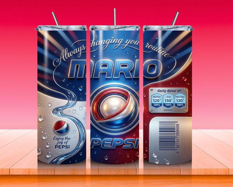 May include: A set of three stainless steel tumblers with a Pepsi design. The tumblers feature the Pepsi logo, the word "MARIO", and the phrase "Always changing your routine." The design includes water droplets and a nutrition facts label.