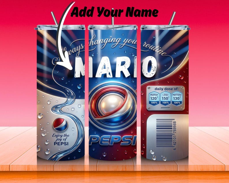May include: A personalized Pepsi-themed tumbler with the name "MARIO" in white. The design features the Pepsi logo, water droplets, and the text "Enjoy the joy of Pepsi." The tumbler has a red, white, and blue color scheme.