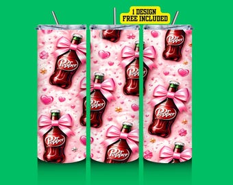 Dr Pepper Pink Coquette Tumbler Wrap PNG, 20oz Skinny Tumbler Design, Pink Bow, Feminine Sublimation Wrap, Coquette Aesthetic Digital File