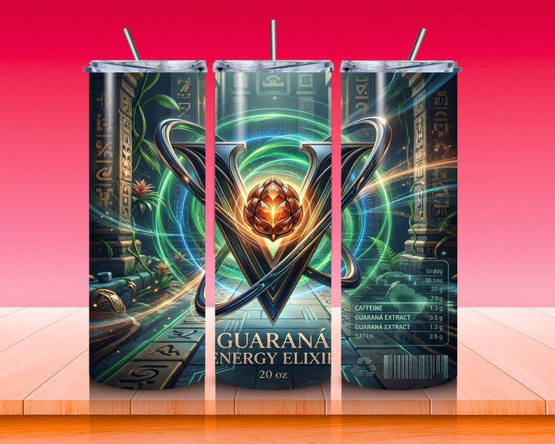 May include: A 20 oz tumbler with a vibrant design featuring a large 'V' shape with a central, glowing orb. The design includes green and blue energy lines, and the text 'GUARAN&Aacute; ENERGY ELIXIR'. The tumbler has a straw.